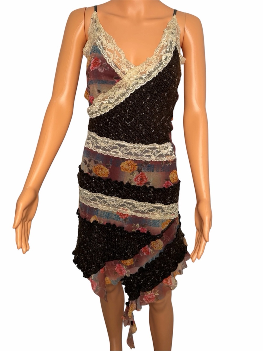 Vintage Zone Bleue Y2K Patchwork Slip Dress Floral Lace Trim Asymmetric Hem